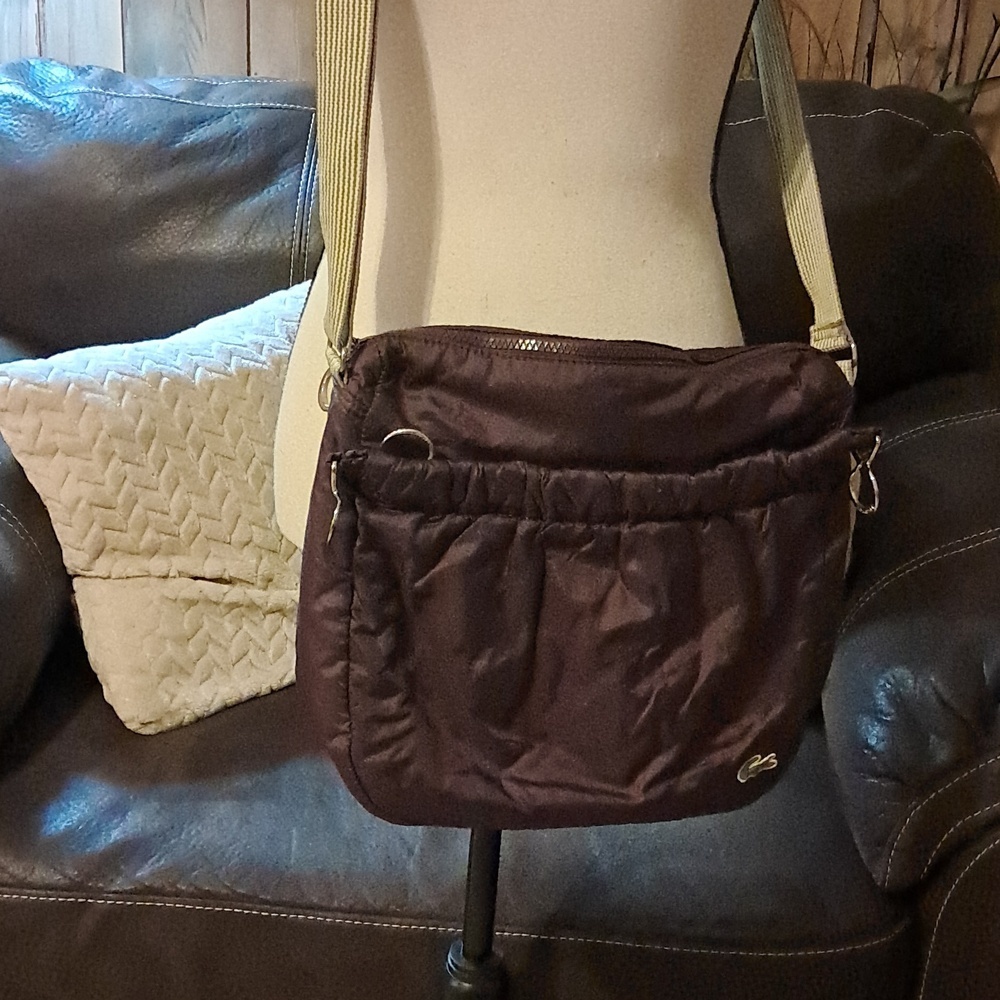 Lacoste Deep Purple Crossbody Shoulder Bag with Lime Green Lining Quilted